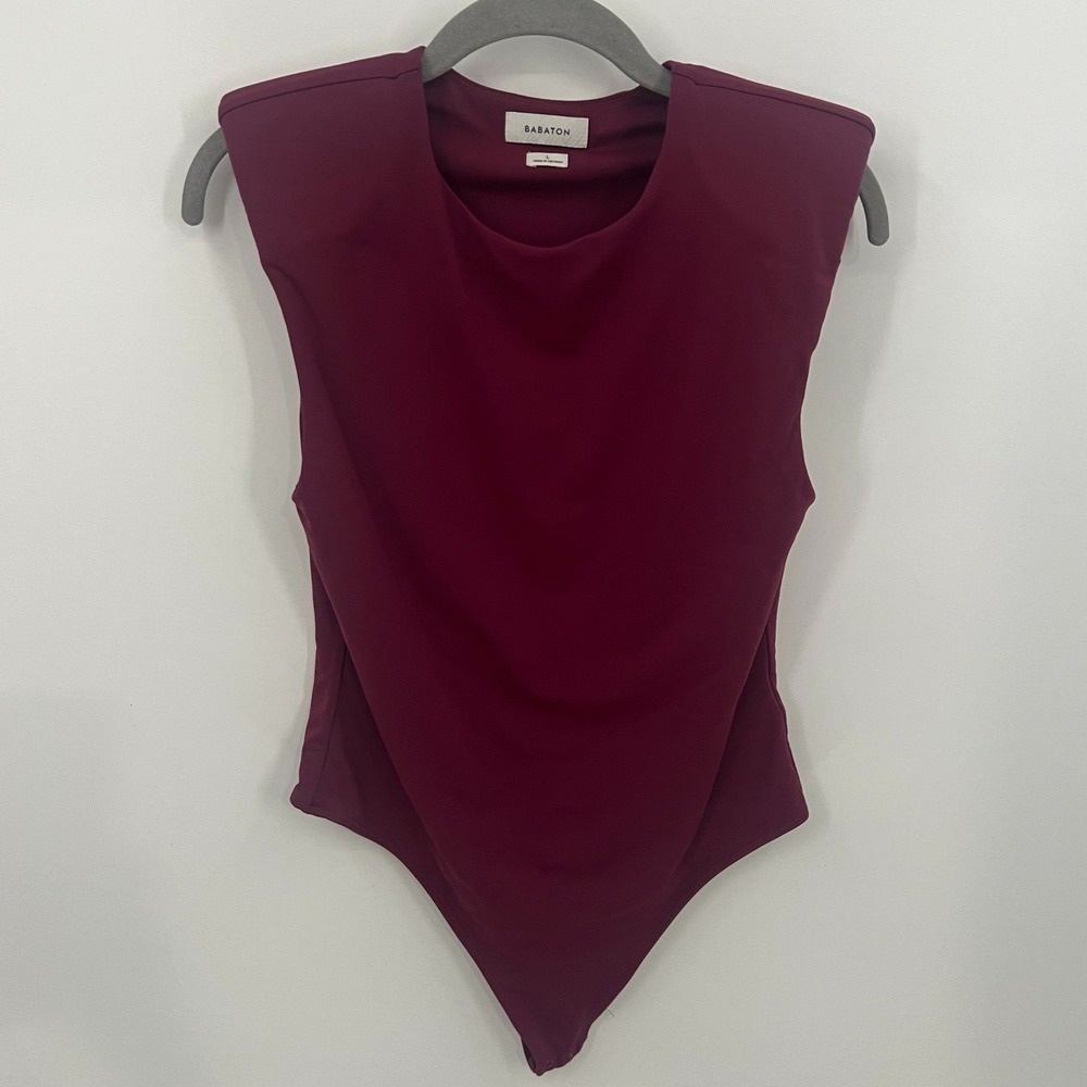 Babaton Shoulder Pad Contour Bodysuit Burgundy Sleeveless Crew Neck Large
